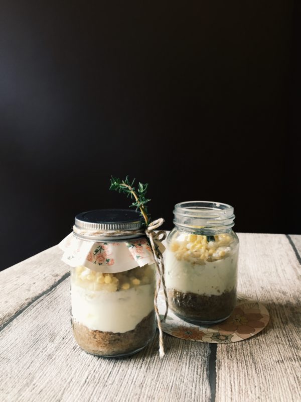 picnic no bake cheesecake in a jar with condensed milk, cream and crunchy almond nougat