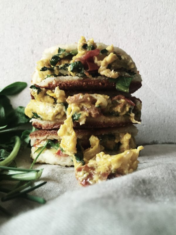 Colombian cheese arepas recipe made with parmesan cheese and healthy scrambled eggs with veggies