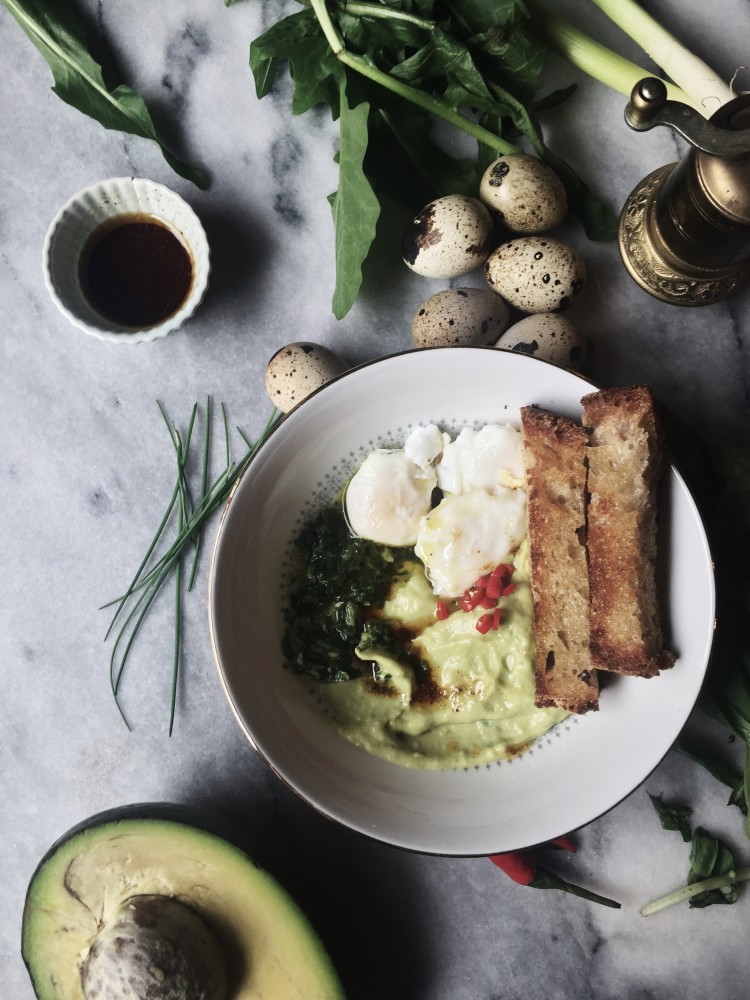 çılbır turco gourmet: uova di quaglia in camicia su yogurt all'avocado con chimichurri alla rucola e basilico