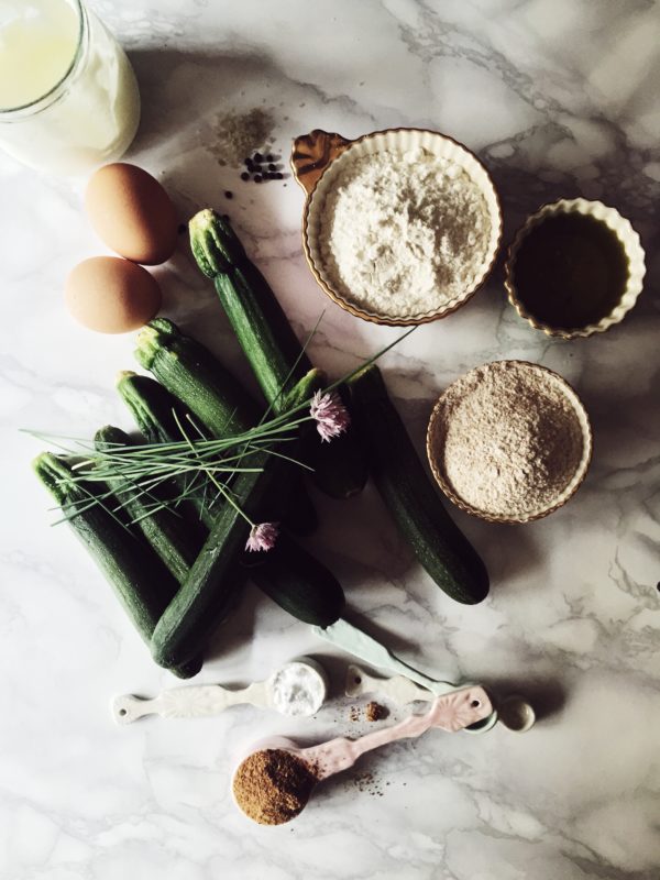 a healthy, easy, savory zucchini bread loaf recipe, with spring chives (and a few flowers)