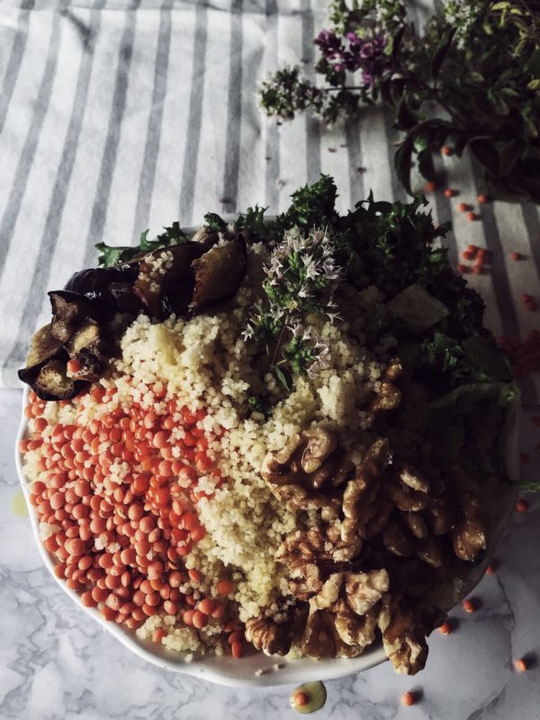 moroccan style red lentils & cous cous buddha bowl recipe, with eggplant, walnuts and sunflower seeds