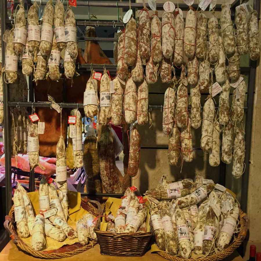 hanging salami in Siena