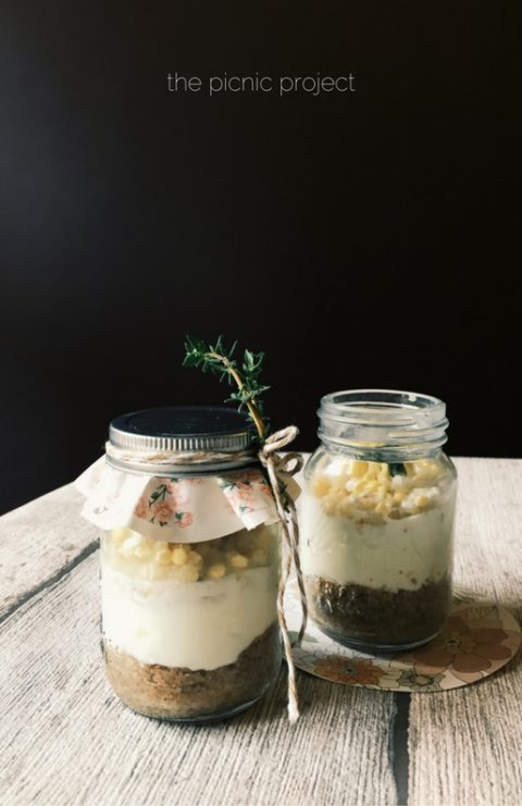 three layers of goodness: cookie crust, condensed milk cheesy cream and crunchy almond nougat. a gourmet cheesecake in a jar