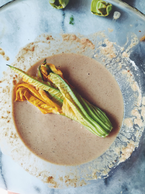 Matcha & Mozzarella Stuffed Zucchini Blossoms | a May Fair recipe by Gourmet Project