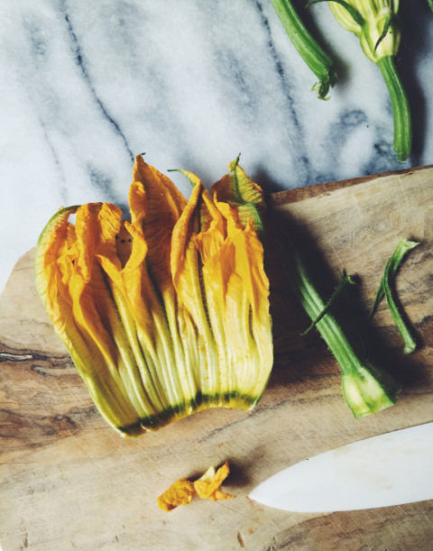 Matcha & Mozzarella Stuffed Zucchini Blossoms | a May Fair recipe by Gourmet Project