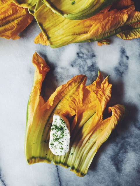 Matcha & Mozzarella Stuffed Zucchini Blossoms | a May Fair recipe by Gourmet Project