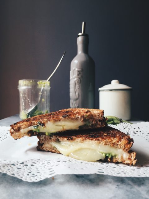 a grilled Italian sandwich recipe with pecorino cheese and fava beans pesto, to celebrate May Day the Roman way