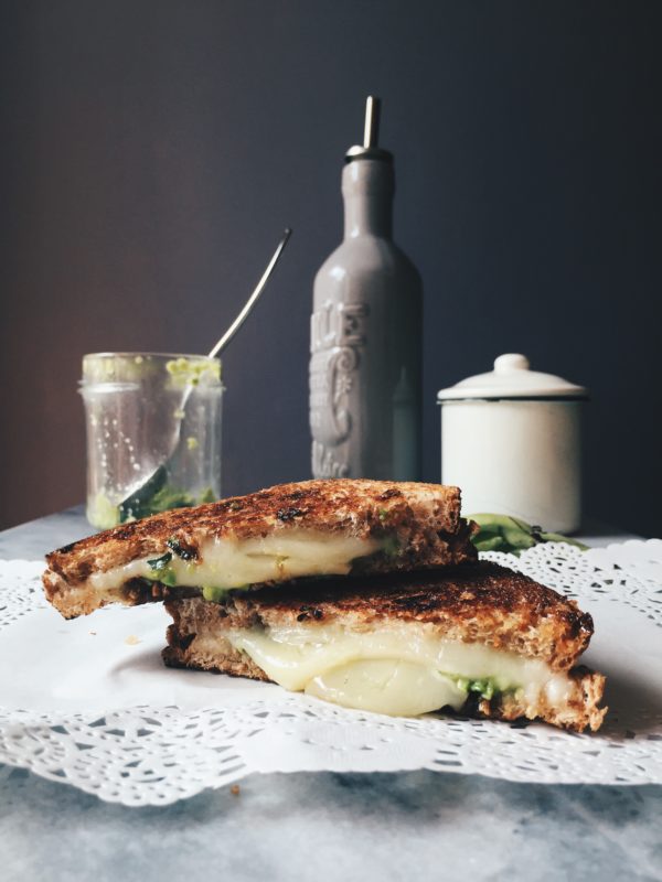 grilled cheese sandwich with pecorino and fava beans