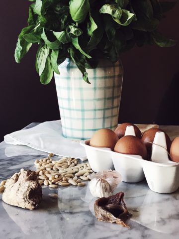 A basil and pine nuts dairy free pesto recipe that uses egg yolks instead of parmesan cheese, Get this and more authentic Italian recipes on Gourmet Project.