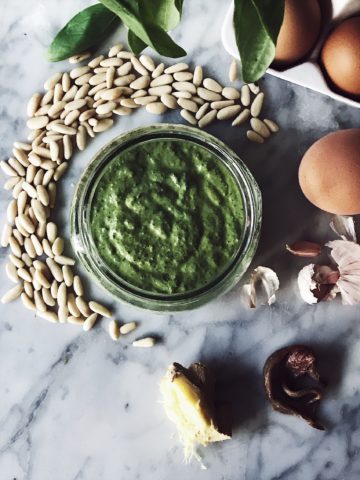 A basil and pine nuts dairy free pesto recipe that uses egg yolks instead of parmesan cheese, Get this and more authentic Italian recipes on Gourmet Project.