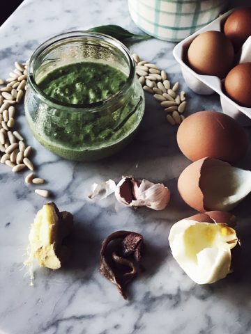 A basil and pine nuts dairy free pesto recipe that uses egg yolks instead of parmesan cheese, Get this and more authentic Italian recipes on Gourmet Project.