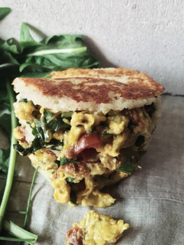 Colombian cheese arepas recipe made with parmesan cheese and healthy scrambled eggs with veggies