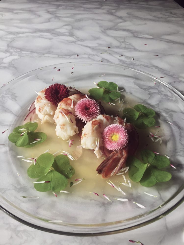 Ceviche is always delicious, but sometimes it is cooked, and flowery. Like this ecuadorian shrimp ceviche with wildflowers, red onion and lemon juice.