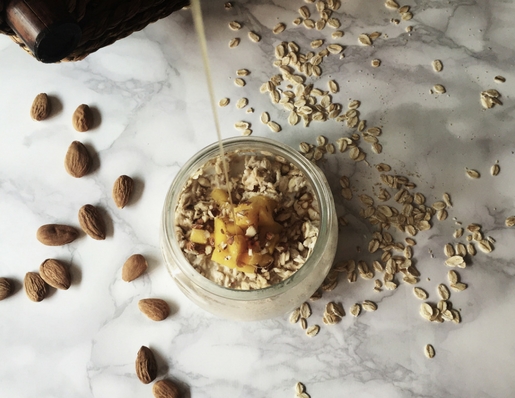 a fermented oatmeal recipe with mango & almonds