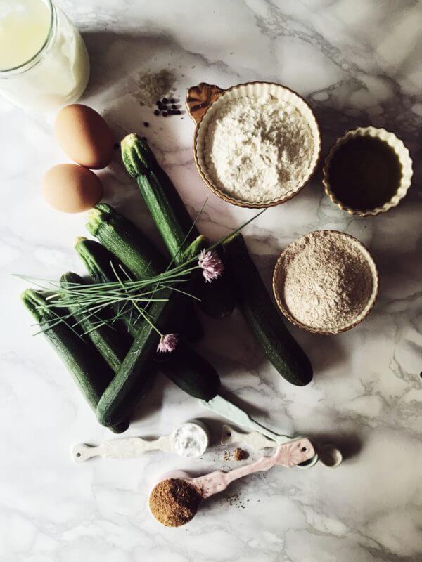 zucchini bread recipe savory with chives zucchini, eggs, yoghurt, flour, honey, chives, and brown sugar