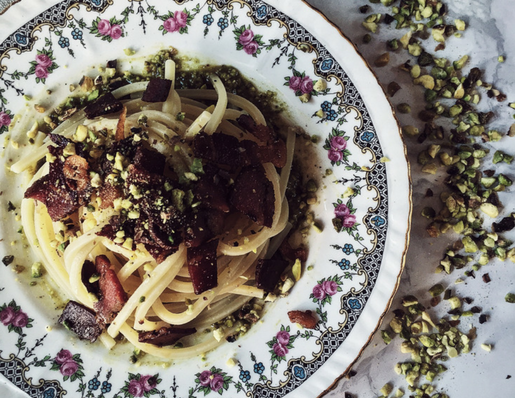 pistachio pesto pasta with pancetta