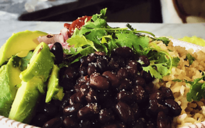 Buddha bowl with avocado, rice, and black beans