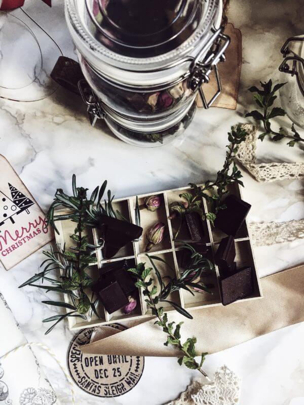 Herbal chocolates in a wooden box