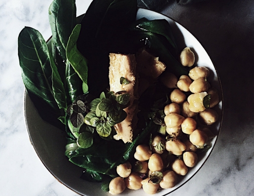 chickpea tuna salad with chard, oregano, and olive oil