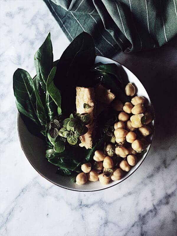 chickpea tuna salad with chard oregano and olive oil