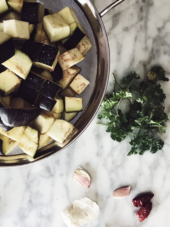 eggplant chunks in colander