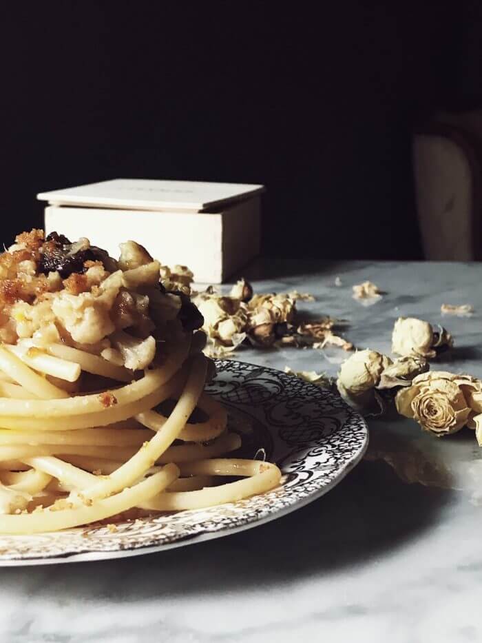 cauliflower pasta sauce on bucatini pasta