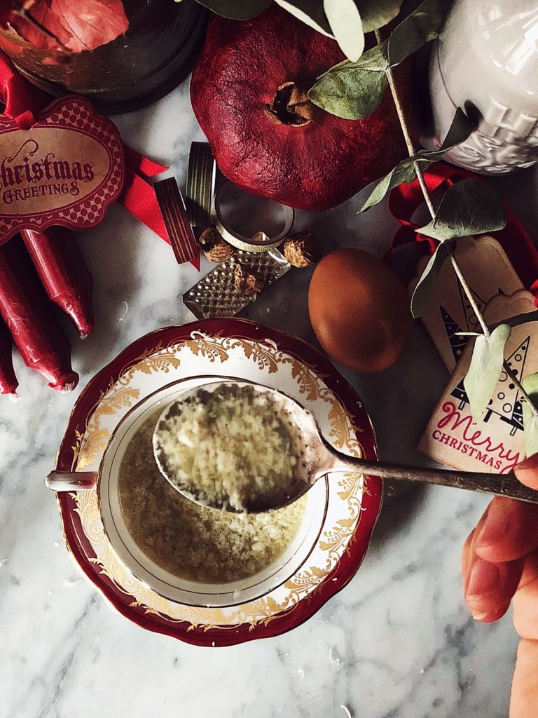 stracciatella soup served in a vintage china cup