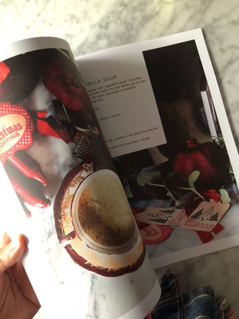 a page of the Gourmet Mag with Christmas flowers Italian Christmas stracciatella soup in a page of the Gourmet Mag