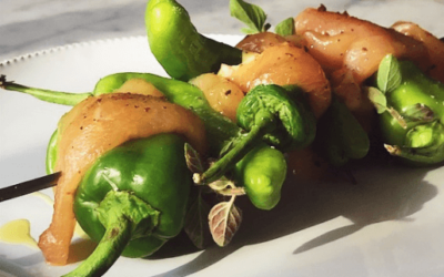 chicken skewers with shishito peppers