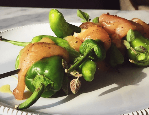 chicken skewers with shishito peppers