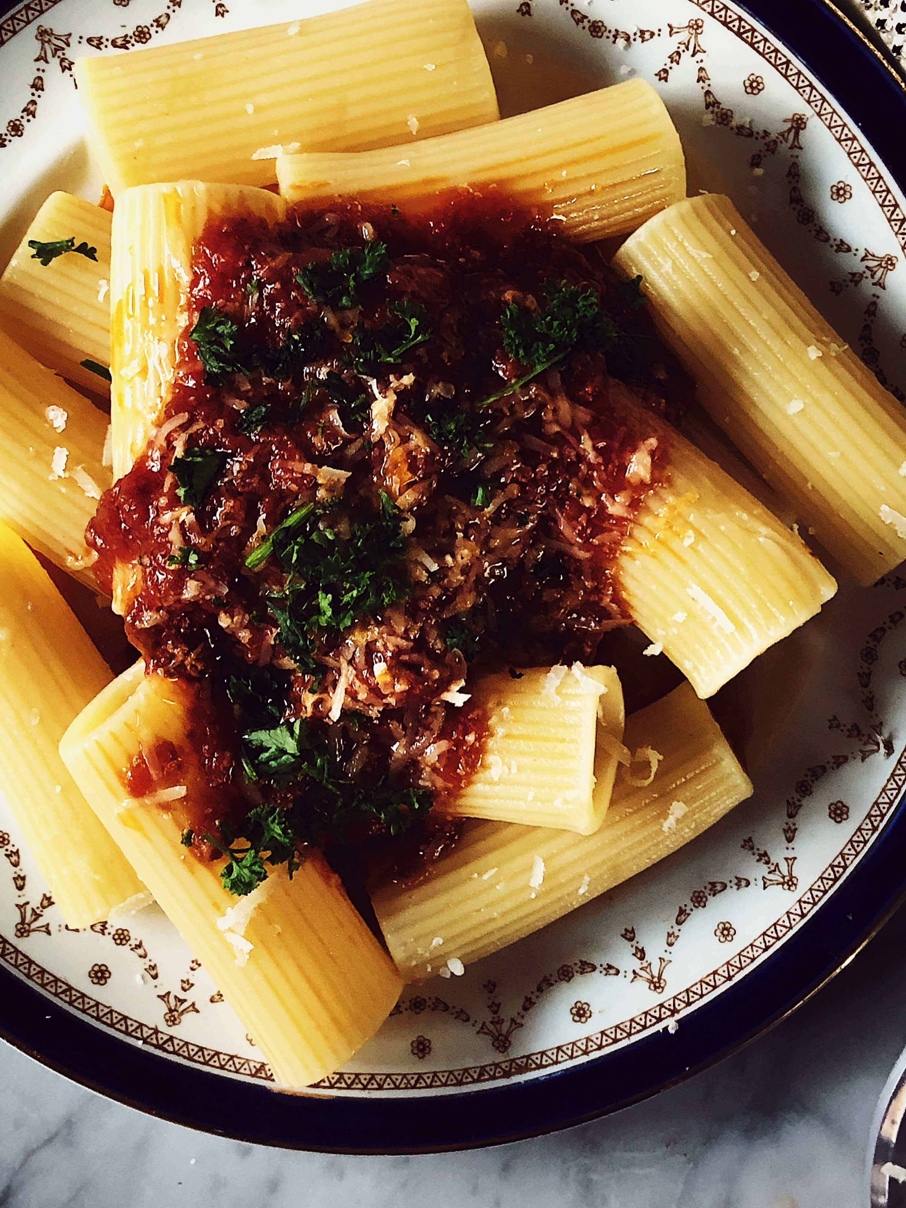 rigatoni pasta seasoned with the authentic braciole recipe from Naples