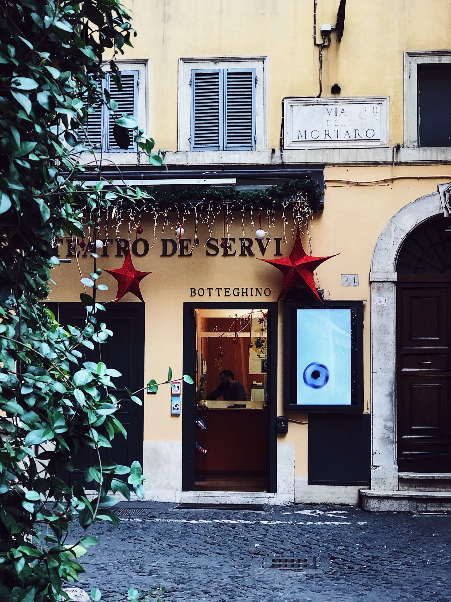 Christmas in Italy Rome theater entrance decorated for Christmas