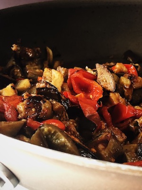 cooking the Italian eggplant pasta sauce