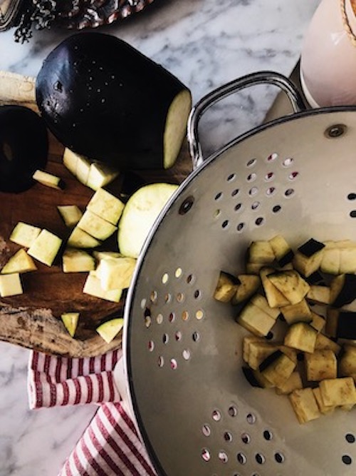 dicing eggplants for the Italian eggplant pasta sauce recipe